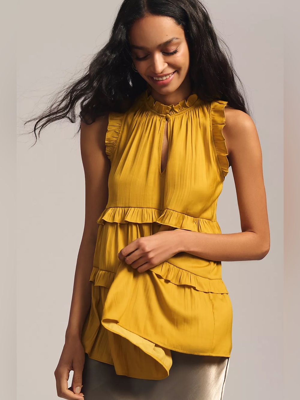 By Anthropologie Mustard Yellow Pleated Tiered Ruffle High Neck Top Size Medium